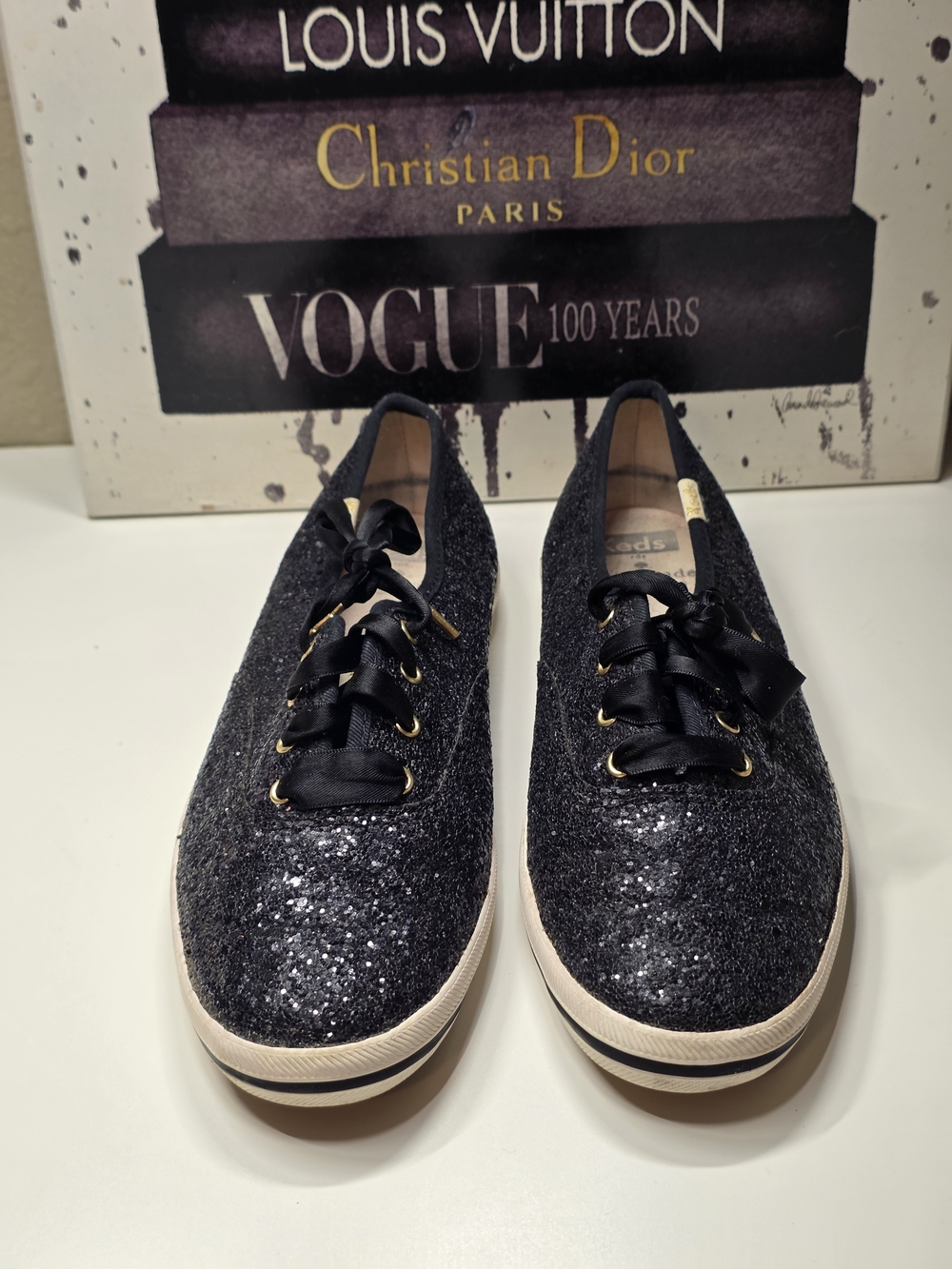 Keds x KATE SPADE Black Glitter Ribbon Lace-Up Sneakers